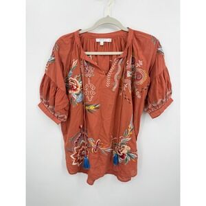 Kyla Seo Izzy Summer Fig Embroidered Peasant Blouse sz M Rust Boho Tassel Top